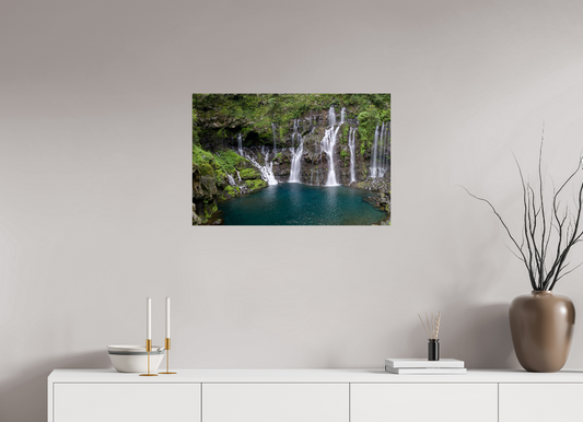 Cascade Langevin Reunion Island fine art photo print on a plain wall above a white cabinet.