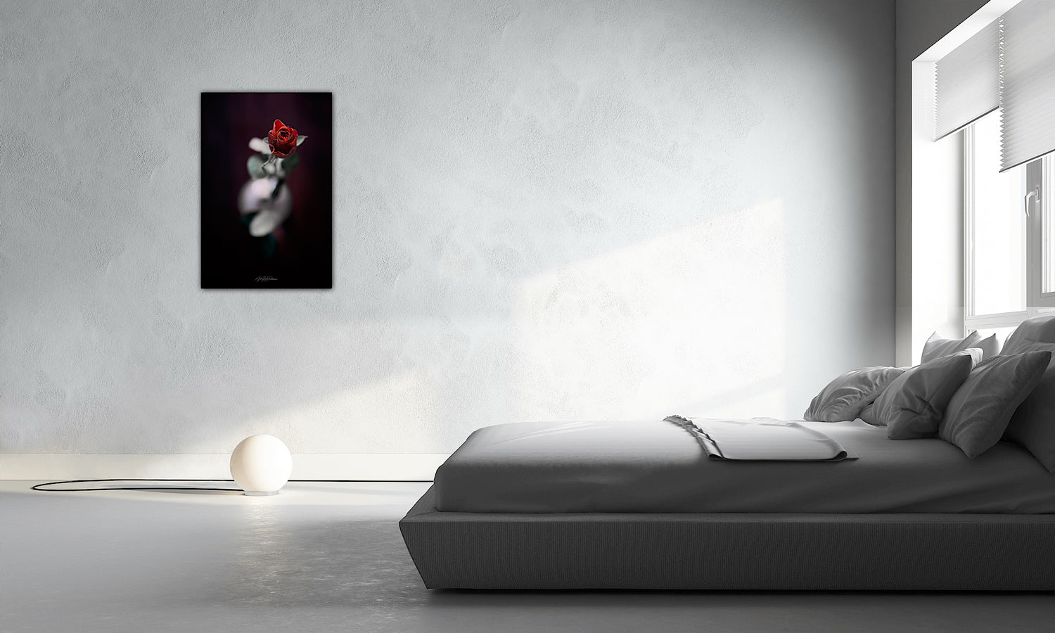 Valentine's Rose print in a modern grey bedroom