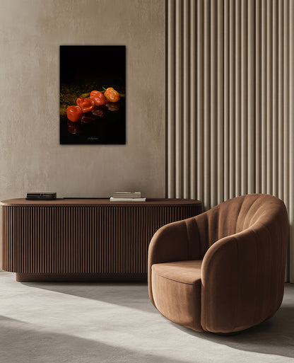 Piment Cabris tableau photo sur dibond dans un salon modern