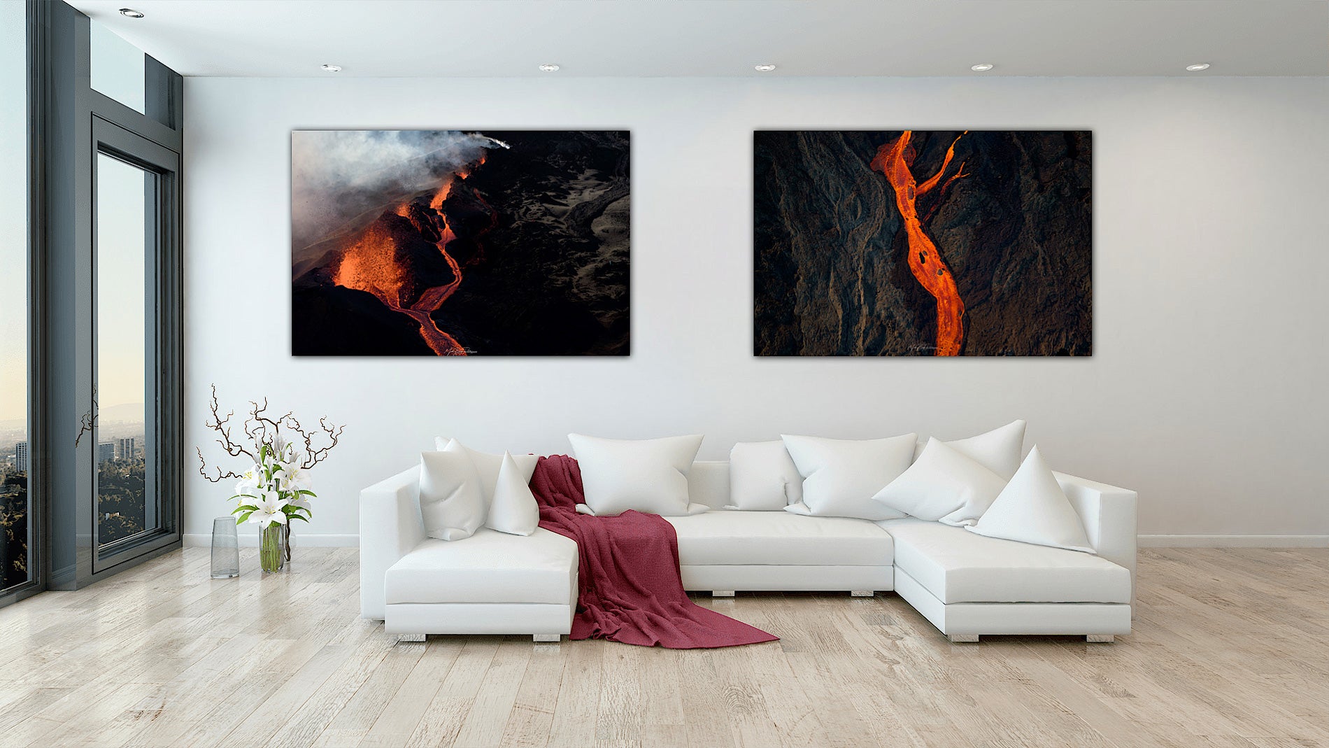 Eruption Piton de la Fournaise wall art collection in a modern living room with white sofa.