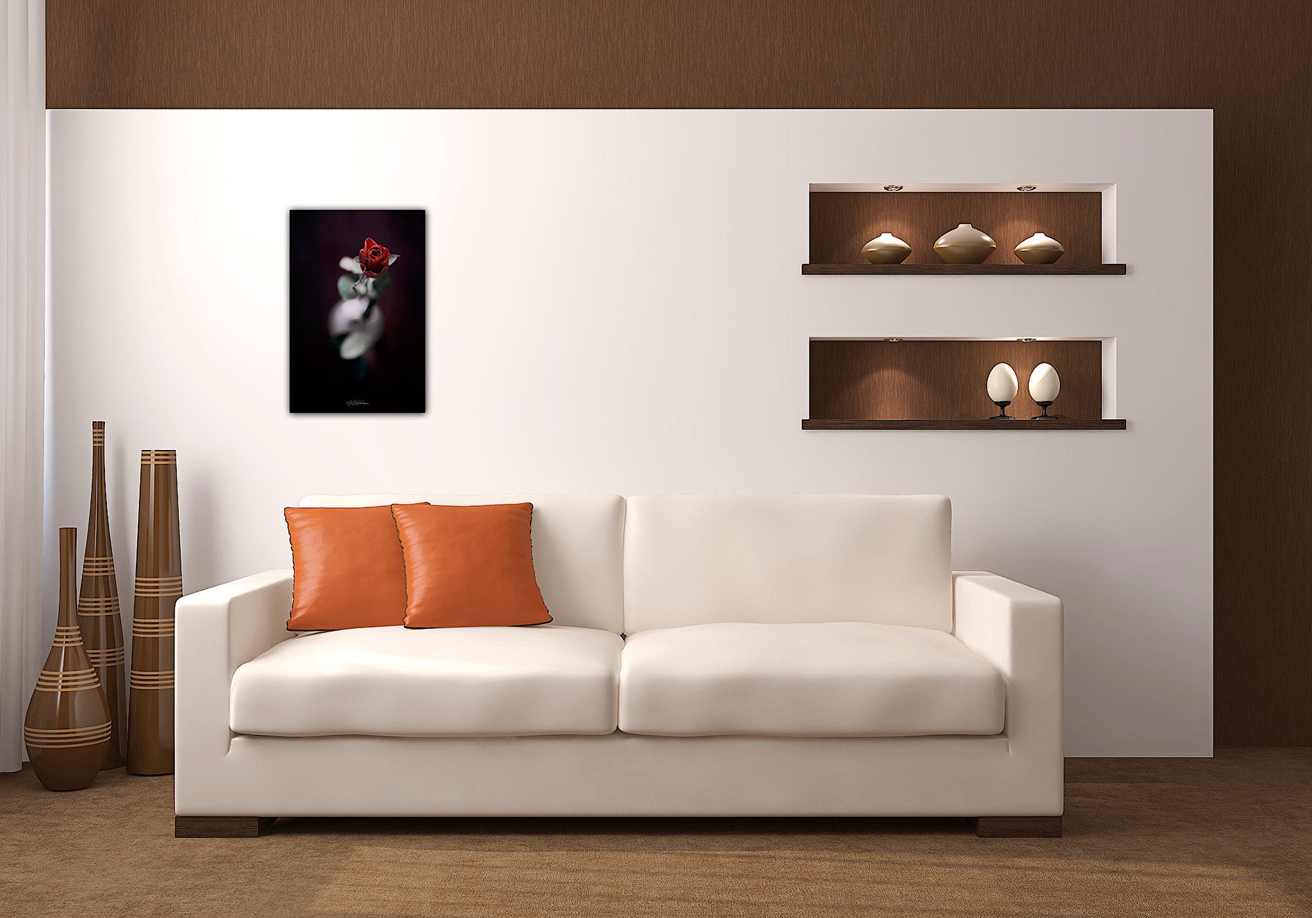 Valentine's red rose fine art framed photo print in a modern living room with a white sofa, orange cushions, and decorative wall art.