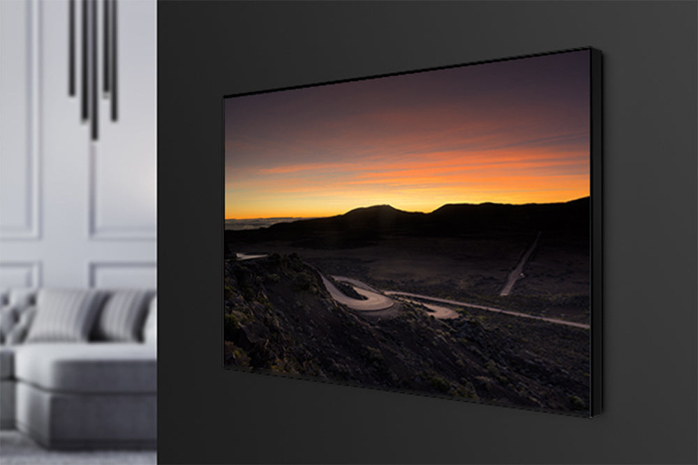 Tableau photo ile de la Réunion Pas des Sables en cadre affleurant aluminium noir dans un salon